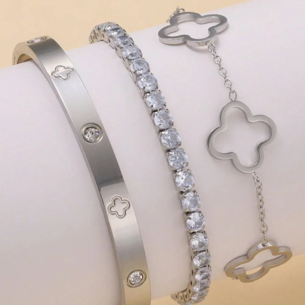 Silver Preppy Women's Inlaid Bangle Bracelet Set